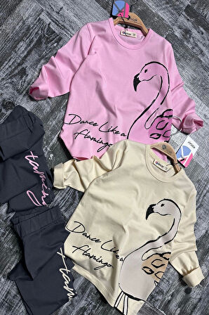 Flamingo Desenli Pembe Renk Kız Çocuk Taytlı Takım