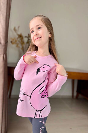 Flamingo Desenli Pembe Renk Kız Çocuk Taytlı Takım