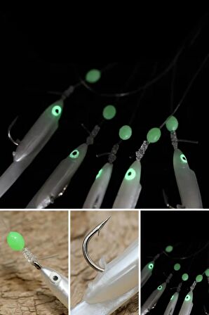 Eagenset Silikon Balıklı Çapari 5.5 Cm (2 Adet) Silikon At Çek Takımı Beyaz Fosforlu Glow Gözler ve Fosforlu Glow Boncuklu