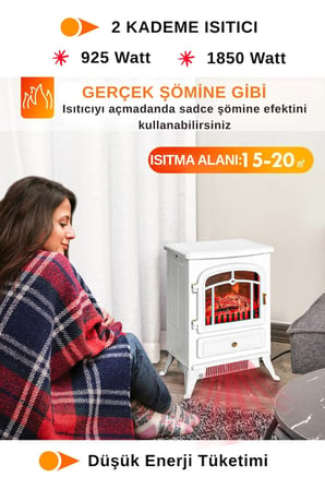 Elektrikli Şömine Siyah 1850 W Metal Kasa, Fanlı şömine, Elektrikli Soba , Gold Kulp ,Gold detaylı
