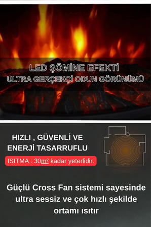 XLarge Elektrikli Şömine & Elektrikli Soba Fanlı Isıtıcı, LED Odun Efekti, Metal Kasa ND-183C