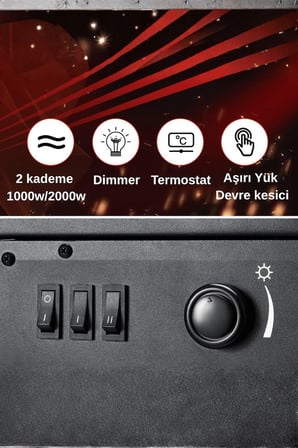 XLarge Elektrikli Şömine & Elektrikli Soba Fanlı Isıtıcı, LED Odun Efekti, Metal Kasa ND-183C