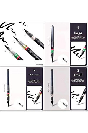 Brush pen, hazneli fırça uçlu kalem, çini, seramik, tahrir fırçası, çizim fırça, 3 Adet-S-M-L
