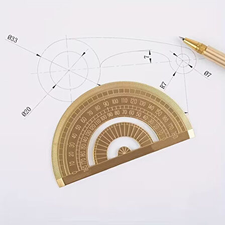 Altın Pirinç 180 Derece Yarım Daire Açı Ölçüm Aracı, Hassas Geometrik Cetvel