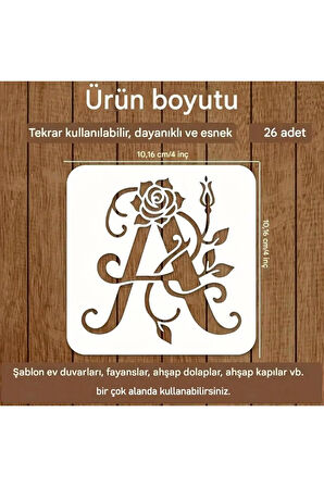 Kaligrafi harf şablonları 26 Parça 10x10cm-Çiçek Harf Şablonu, Boyama sticker