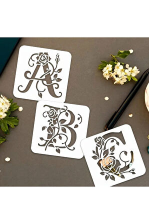 Kaligrafi harf şablonları 26 Parça 10x10cm-Çiçek Harf Şablonu, Boyama sticker