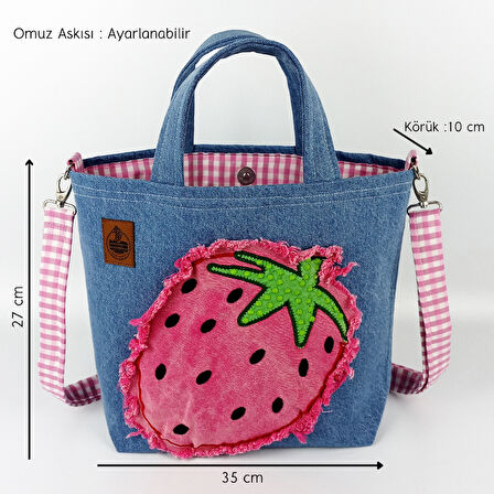 Woodycord El Yapımı Kot Çilek Aplike Detaylı Kot Tote Çanta