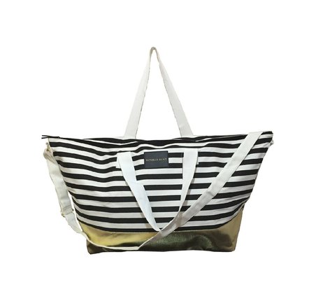 Victoria's Secret Vs Siyah Beyaz Çizgili Gold Taban Askılı Duffle Carryall Tote Siyah