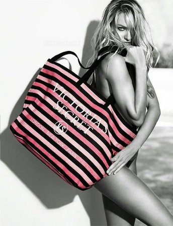 Victoria's Secret Vs Simli Siyah Pembe Çizgili Askılı Duffle Carryall Tote Siyah
