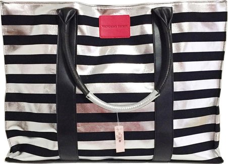 Victoria's Secret Siyah & Gümüş Çizgili Desen Kanvas Tote Seyahat Çantası