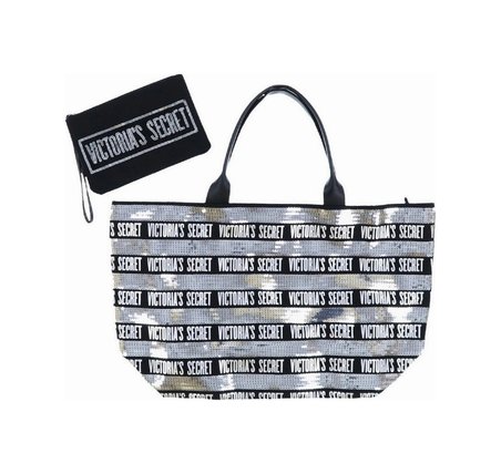Victoria's Secret Gümüş Pullu Payet İşlemeli Carryall Tote & Mini Clutch Set