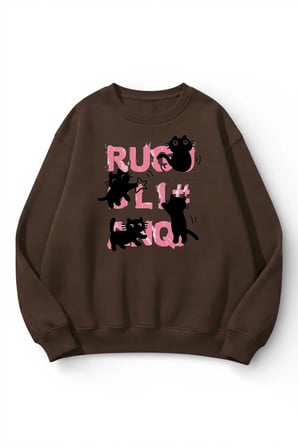 Unisex Yumuşak Dokulu Kedi Kaos Baskılı Tasarım Oversize 3 İplik Bisiklet Yaka Sweatshirt