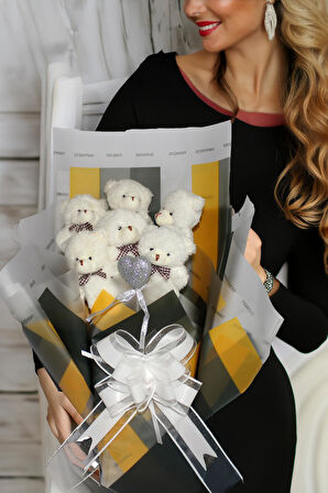 Elegance Peluş Ayıcık Buketi - 6 Adet Yumoş Peluş Ayıcık ve Simli Gümüş Kalp ile Özel Büyük Kutuda