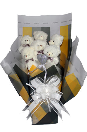 Elegance Peluş Ayıcık Buketi - 6 Adet Yumoş Peluş Ayıcık ve Simli Gümüş Kalp ile Özel Büyük Kutuda