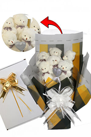 Elegance Peluş Ayıcık Buketi - 6 Adet Yumoş Peluş Ayıcık ve Simli Gümüş Kalp ile Özel Büyük Kutuda