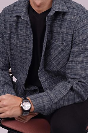 Lacivert Hasır Desenli Oduncu Oversize   Erkek Gömlek