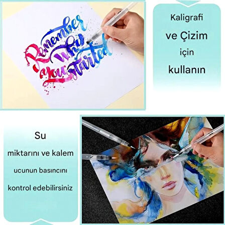 Fırça uçlu, brush pen, sulu boya, su ve mürekkep hazneli, boyama kalem-S beden