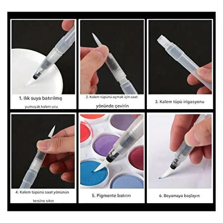 Fırça uçlu, brush pen, sulu boya, su ve mürekkep hazneli, boyama kalem-S beden