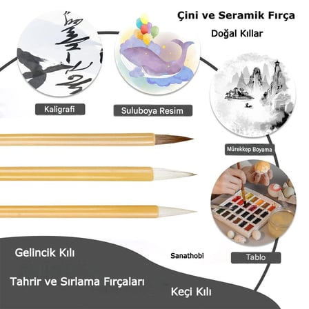 Tahrir fırça seti, gelincik kılı, keçi kılı 3 farklı boy, bambu sap, çini, vazo, seramik, 6 adet