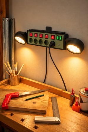 Akım Korumalı Çok Fonksiyonlu Güç İstasyonu – 5 Priz, 2 USB-A + USB-C, 3680W, 2x8W LED Aydınlatmalı 1.9 Metre Kablolu