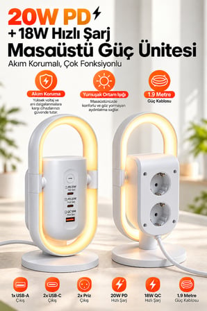 Akım Korumalı Masaüstü Priz 3680W – 2 Priz, 2 USB-C, 1 USB-A, PD 20W & QC 18W Hızlı Şarjlı LED Aydınlatmalı Güç Ünitesi