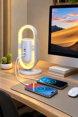 Akım Korumalı Masaüstü Priz 3680W – 2 Priz, 2 USB-C, 1 USB-A, PD 20W & QC 18W Hızlı Şarjlı LED Aydınlatmalı Güç Ünitesi
