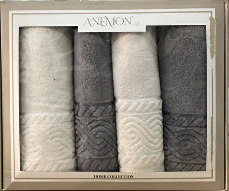 Anemon %100 Pamuklu Gri Krem 4 Parça Banyo Havlu Seti Çeyizlik Kutulu