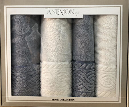 Anemon %100 Pamuklu Gri Krem 4 Parça Banyo Havlu Seti Çeyizlik Kutulu