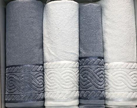 Anemon %100 Pamuklu Gri Krem 4 Parça Banyo Havlu Seti Çeyizlik Kutulu