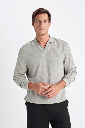 DeFacto Açık Haki Regular Fit Polo Yaka Jakarlı Triko Sweatshirt A9785AX24AUKH488