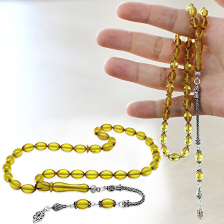 925 Ayar Gümüş Püsküllü Arpa Kesim Sarı Ateş Kehribar Tesbih