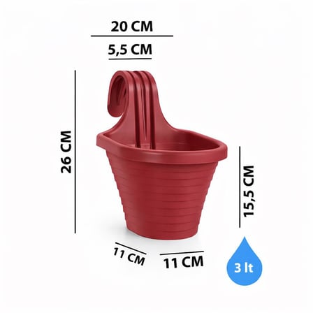 Omnipazar SO-TOM3 Tombik Askılı Balkon Saksı 3 Litre No: 3  Kırmızı