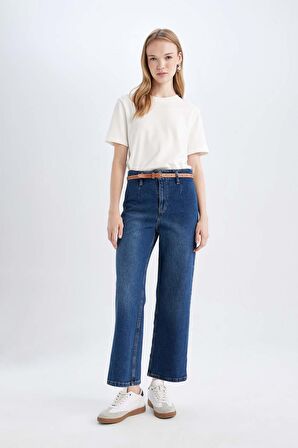 DeFacto Culotte Yüksek Bel Kısa Geniş Paça Kemerli Jean Yıkamalı Pantolon D4325AX24AUNM28