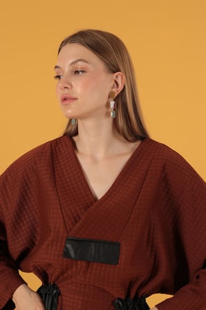 Petek Kumaş Garnili Oversize Kadın Sweat-Kahve
