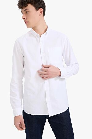 DeFacto %100 Pamuk Regular Fit Polo Yaka Oxford Basic Düz Uzun Kollu Beyaz Gömlek A8028AX25SPWT34
