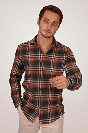 Erkek Kiremit Rengi Desenli Oduncu Gömlek