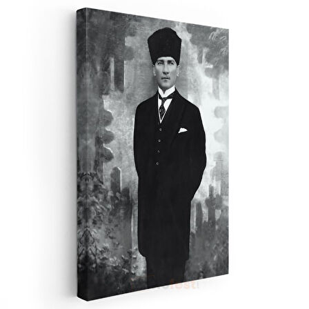 Siyah Beyaz Atatürk - Kalpak ve Klasik Duruş Kanvas Tablo