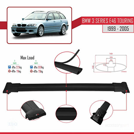 BMW 3 Serisi (E46) Touring 1999-2005 Arası ile Uyumlu FLY Model Ara Atkı Tavan Barı Siyah 3 Adet