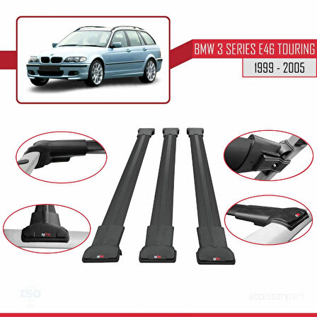 BMW 3 Serisi (E46) Touring 1999-2005 Arası ile Uyumlu FLY Model Ara Atkı Tavan Barı Siyah 3 Adet