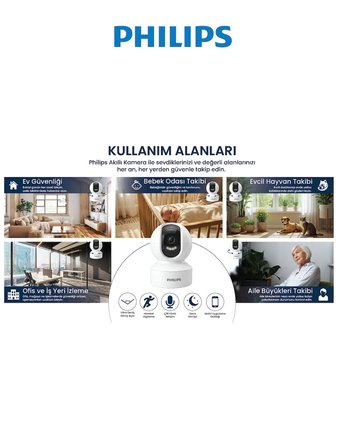 PHILIPS TAI6000W Full HD Akıllı Wi-Fi Güvenlik Kamerası | 355° Panoramik Görüş | Gece Görüşü | Hareket Takibi | 128 GB MicroSD Desteği