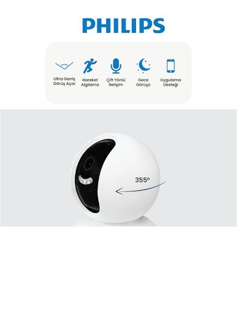 PHILIPS TAI6000W Full HD Akıllı Wi-Fi Güvenlik Kamerası | 355° Panoramik Görüş | Gece Görüşü | Hareket Takibi | 128 GB MicroSD Desteği