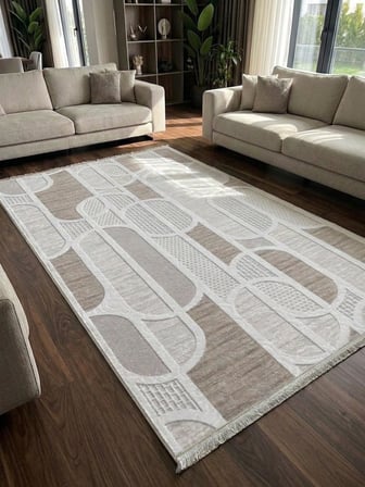 Kaymaz Taban Saçaklı Krem Bej Modern Geometrik Yıkanabilir Koridor Salon Mutfak Yolluk Halı