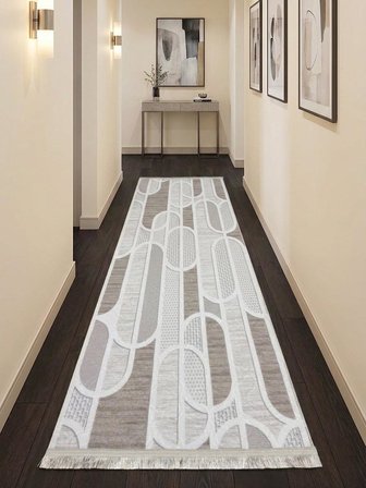 Kaymaz Taban Saçaklı Krem Bej Modern Geometrik Yıkanabilir Koridor Salon Mutfak Yolluk Halı