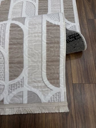 Kaymaz Taban Saçaklı Krem Bej Modern Geometrik Yıkanabilir Koridor Salon Mutfak Yolluk Halı