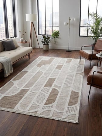 Kaymaz Taban Saçaklı Krem Bej Modern Geometrik Yıkanabilir Koridor Salon Mutfak Yolluk Halı