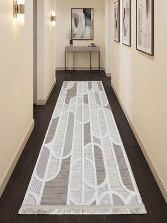 Kaymaz Taban Saçaklı Krem Bej Modern Geometrik Yıkanabilir Koridor Salon Mutfak Yolluk Halı