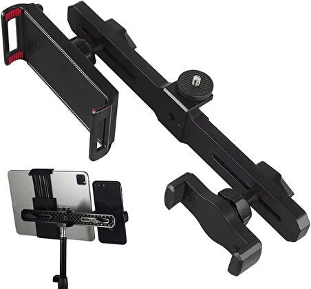 Microcase 2in1 Çift Başlıklı Ayarlanabilir 1 Telefon 1 Tablet Tutucu + 2.1 MT Tripod - SİYAH  AL5063