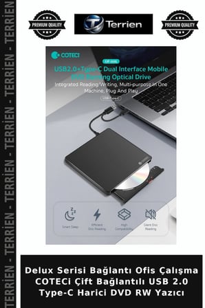 Delux Serisi Bağlantı Ofis Çalışma COTECi Çift Bağlantılı USB 2.0 Type-C Harici DVD RW Yazıcı