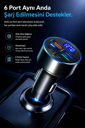 66W Akıllı  Dijital Ekranlı 2PD + 4USB Çoklu Araç Şarj Cihazı Tek Dokunuşta Çoklu Şarj Deneyimi