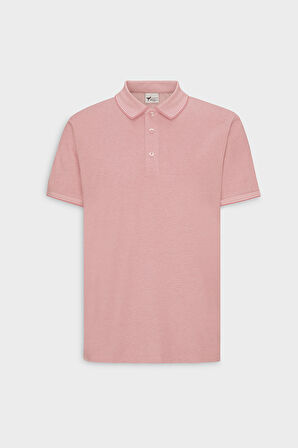 Erkek Çekmeyen Pamuklu Kumaş Slim Fit Dar Kesim Pembe-Beyaz Kıvrılmaz Polo Yaka Tişört